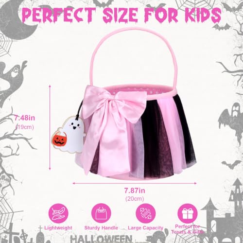 Pink LED Trick or Treat Basket with Bowknot Tulle Skirt - Collapsible Reusable Halloween Candy Bag for Girls