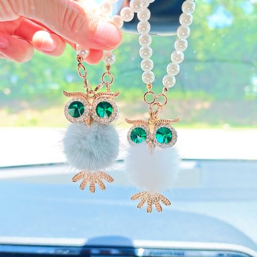 Car Rearview Mirror Decoration - Sparkling Owl with Pom Pom and Pearl Chain - White Variation