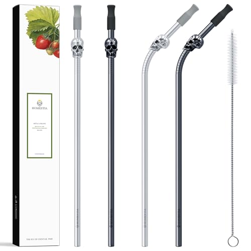 Skull Design Reusable Metal Straws 10.5'' Stainless Steel Drinking Set - Silver & Black