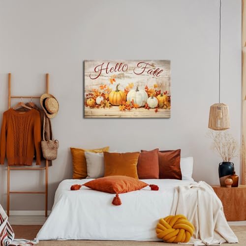 Hello Fall Rustic Pumpkin Wall Art - 36x24 Farmhouse Autumn Canvas Decor