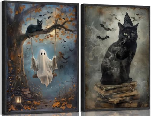 Halloween Wall Art Black Cat Ghost Poster 16x24in Unframed - Dark Academia Decor (Variation of Poster / 24L"x16W")