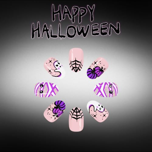 Halloween Press On Nails Short Almond Fake Nails with Ghost Pumpkin Spider Web Design - Q20 Variation