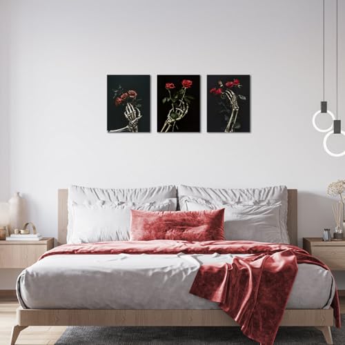 Skull Wall Art Decor Set - Black and Grey Halloween Pictures for Bedroom Living Room