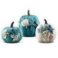 Blue Ocean Fall Pumpkin Decor Set - 3 Resin Autumn Pumpkins with Gold Stems & Sea Details - Coastal Thanksgiving & Halloween Home Decor - Variation of THIS listing