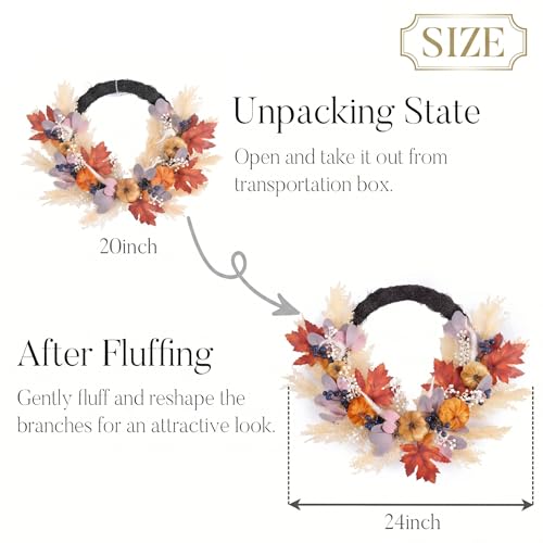 24-Inch Collapsible Fall Wreath with Pumpkins and Lights for Front Door