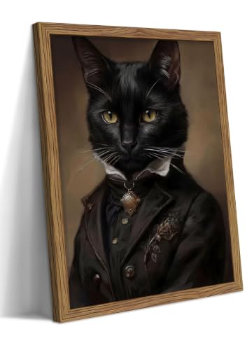 Black Cat Wall Art Canvas - Framed Gothic Bathroom Decor, 16x12 Inch, Halloween & Dark Academia Gift