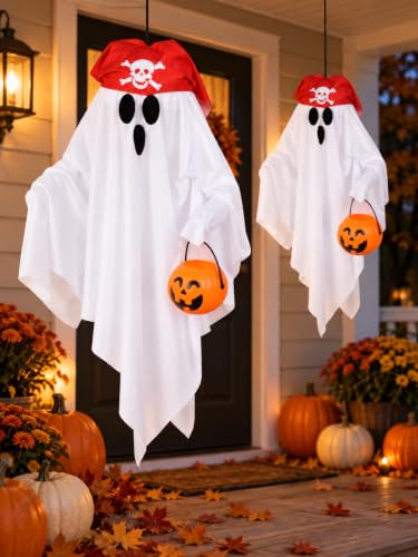 White Light Up Pirate Ghost Halloween Decorations - 2 Pack Hanging Porch Decor