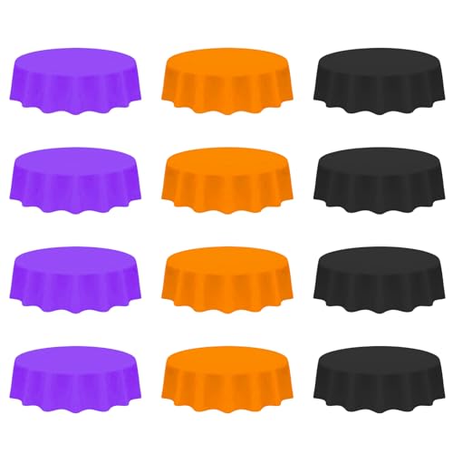 Eunika Halloween 12pcs Round Plastic Tablecloths - Black, Purple & Orange, 84 Inch