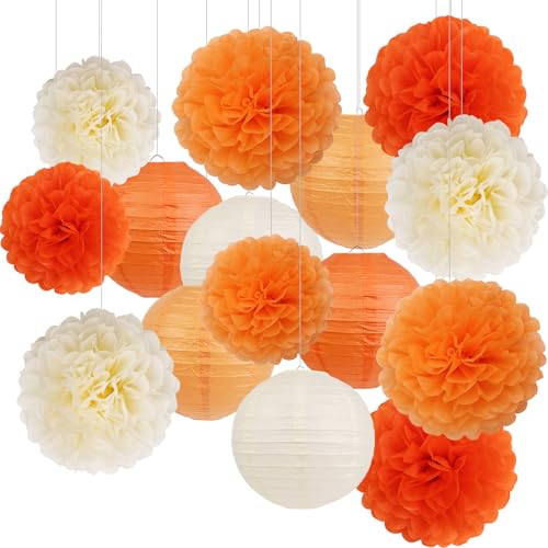 Orange Birthday Party Decorations Set with Paper Lanterns & Pom Poms - 15 pcs, Includes Tissue Flowers & Hanging Line
