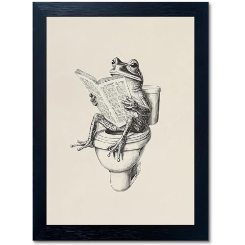 Bathroom Frog Canvas Wall Art - 12x16 Inch Funny Toilet Reading Frog Decor - Black Frame
