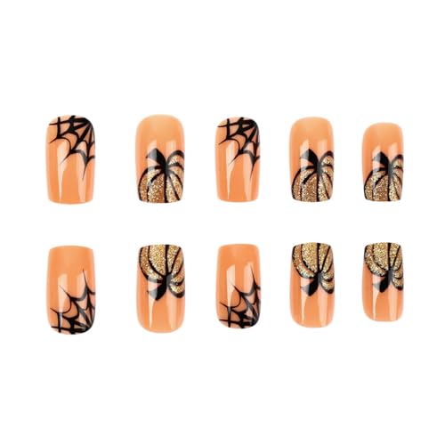 Halloween Press On Nails Medium Gold Pumpkin Design D Nails 4 - Ghost & Spider Web