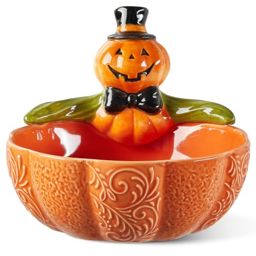 Orange Ceramic Halloween Pumpkin Candy Bowl 6.5 Inch 28 Oz - Whimsical Halloween Decor