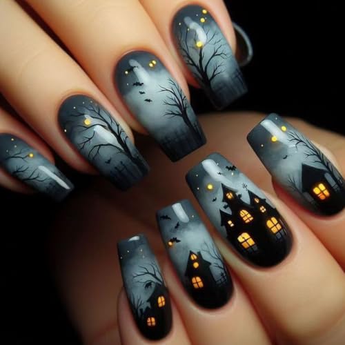 Halloween Press-On Nails Medium Square Smoke Ombre Haunted House Bat Tree Style85