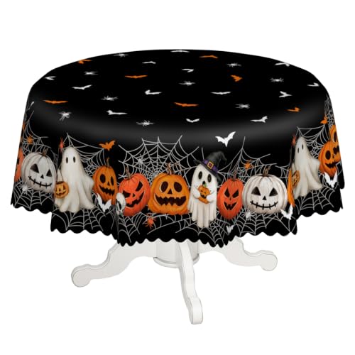 Black Halloween Pumpkin Ghost Tablecloth 60 Inch Round Home Decor