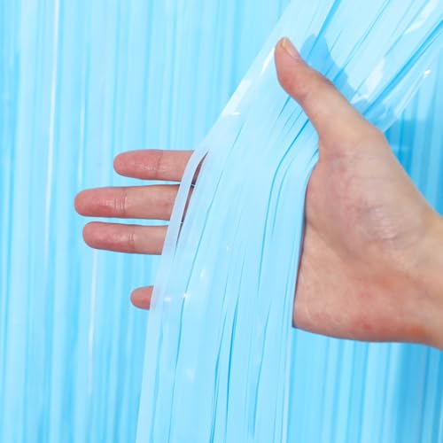 Pastel Blue Foil Fringe Curtain Backdrop - 3 Pack 8.2ft Party Decorations with Variation 16 Pastel Blue