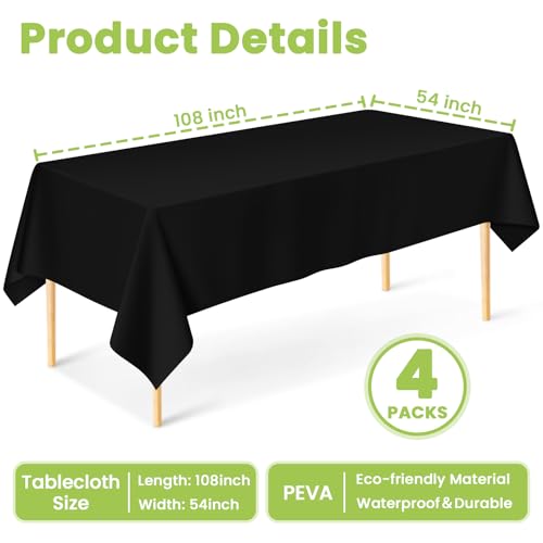 Black Disposable Table Cloths 54x108 Inches - Pack of 4, Perfect for Parties