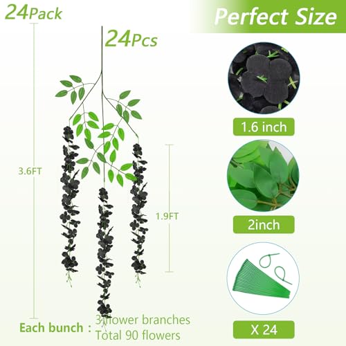 Black Wisteria Hanging Flowers - 24Pcs Artificial Floral Garlands for Decor