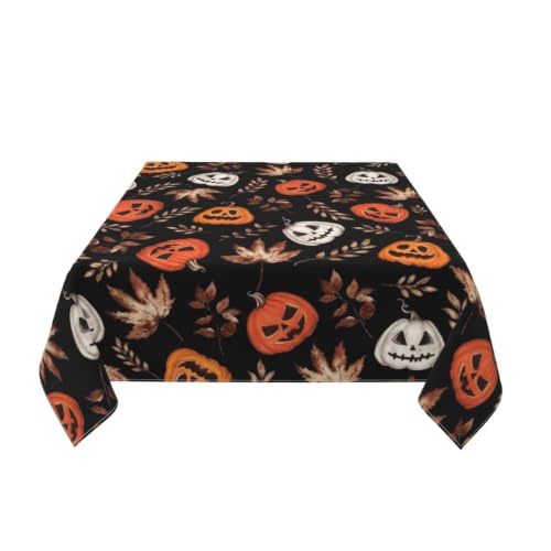 Halloween Pumpkin Maple Leaf Square Tablecloth 54 Inch Burnt Orange & White Fall Decor