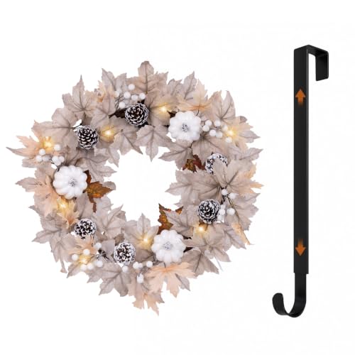 22 Inch Fall Wreath with Lights & Adjustable Hanger - Autumn Decor