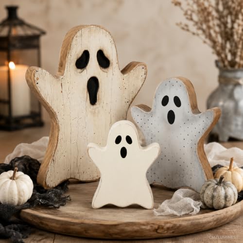 Halloween Ghost Decor Set - Crackle Distressed Wooden Ghosts for Indoor Home Halloween Decorations