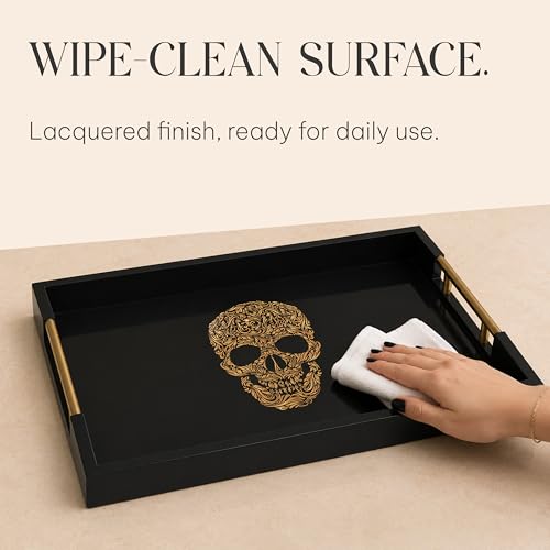 Gothic Skull Serving Tray with Black Gloss Finish & Gold Handles - Variation: SKULL