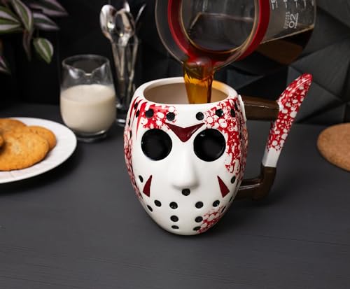 Friday the 13th Jason Mask Coffee Mug with Knife Handle - 20oz Ceramic Collectible, Multicolor