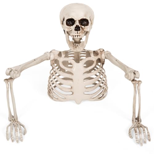 Halloween Half Skeleton Decoration with Red Glowing Eyes & Green Light-Up Body - Posable Arms Outdoor Yard Decor