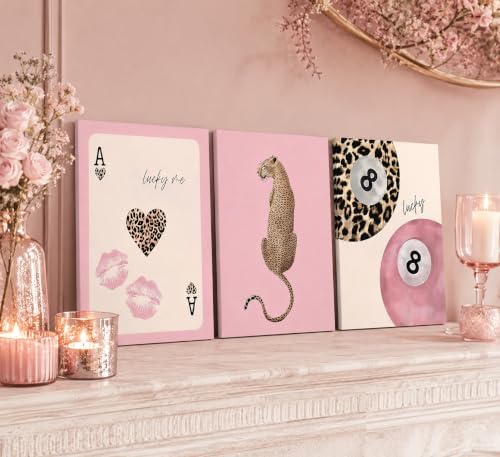Pink Leopard Canvas Wall Art Set - 16x12 Inches, Preppy Animal Decor for Girls Room