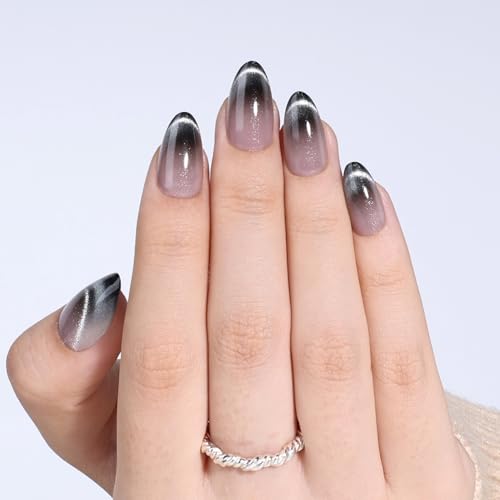 SEEWEE Black Cat Eye Short Almond Press On Nails with Variation 2C-Noir Dust - Reusable Salon-Quality Manicure Kit