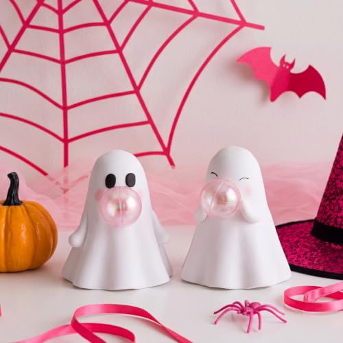 Halloween Ghost Figurines Set of 2 - Cute Ceramic Bubble Gum Ghost Statues - White Variation