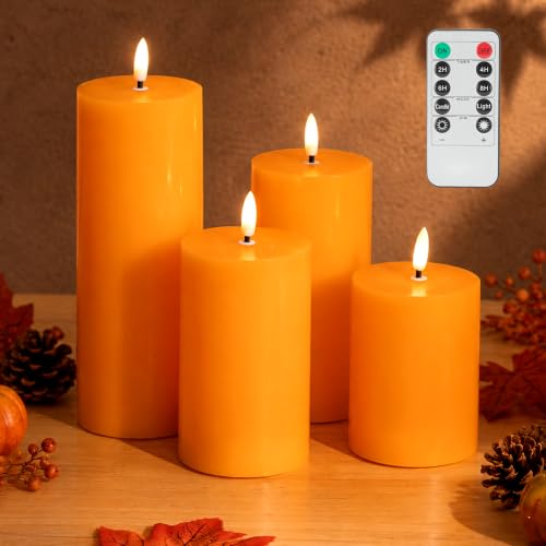 JOIONE Orange Fall Flameless Pillar Candles with Remote - 4 Pack Autumn Decor