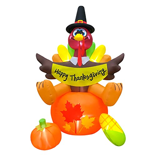 6FT Thanksgiving Inflatable Turkey Sat on Pumpkin with LED Lights - Outdoor Yard Decorations