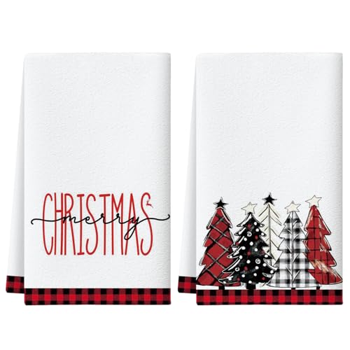 Christmas Buffalo Plaid Kitchen Towels Set of 2 - Black & Red Tree Pattern, 18x26 Inches