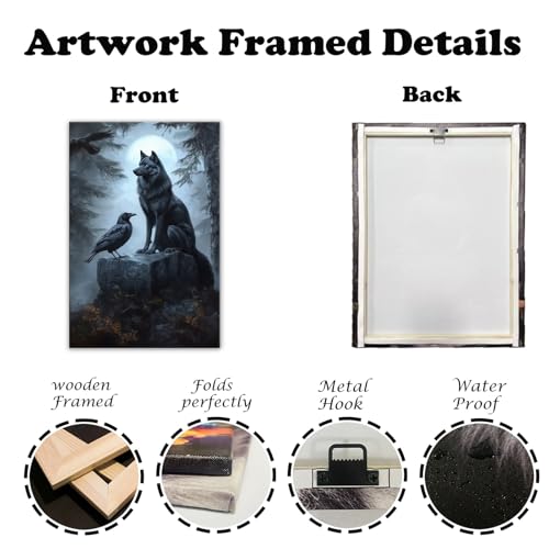 Wolf Raven Wall Art Canvas Print - Gothic Nature Wildlife Decor, 24x16 Inches - Variation Wolf-04