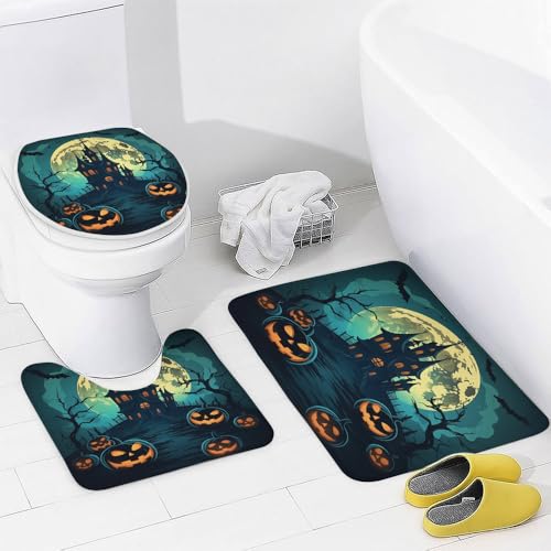 Halloween Shower Curtain Set 72x72 Inches with Rug & Hooks - Blue