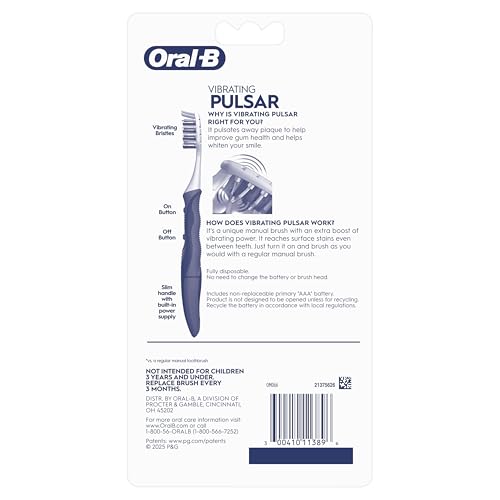 Oral-B Toothbrush, Vibrating Plaque Remover Pulsar, Vibrating Battery Toothbrush, Soft, 4 Count