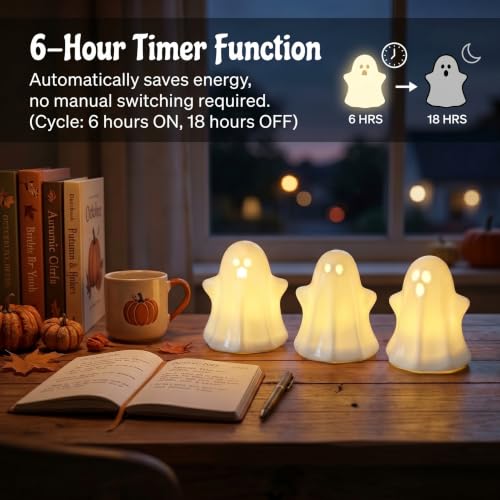 Set of 3 Glossy White Ceramic Ghost Halloween Decor Light Up Figurines