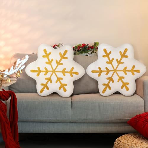 Snowflake Throw Pillows Set - Gold Winter Decorative Cushions, 2 Pieces