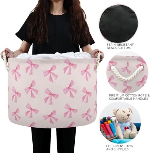 Pink Bow Round Storage Basket A61 - Laundry, Nursery & Living Room Organizer