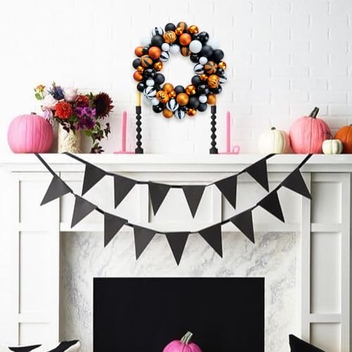 Halloween Wreath for Front Door - 18-Inch Artificial Ball Wreath Halloween Decor - Black, Gold, White Balls