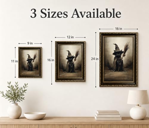 Witch Cat Framed Canvas Wall Art - Halloween Gothic Black Cat Decor 16x12in