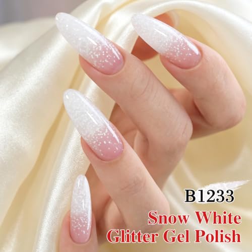 Double Rhythm Milky White Gel Nail Polish with Glitter - Snowflake Glow Variation, 15ML