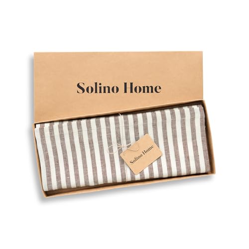 Linen Table Runner 14x60 Inch - Brown & Cream Striped, Handcrafted European Flax