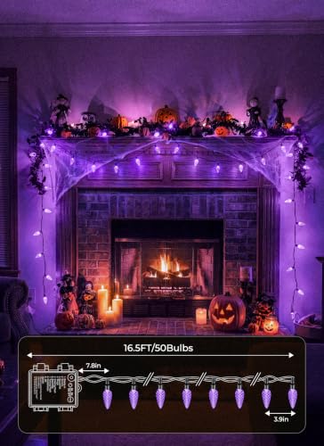 Purple Battery Operated Halloween String Lights - 33ft 50 LEDs, Waterproof with Timer
