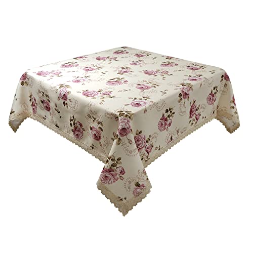 Beige Floral Print Square Tablecloth 38x38 Inch Waterproof Stain-Resistant