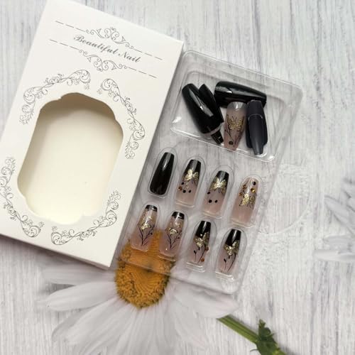Press on Nails Long Coffin Shape French Gradient with Gold Glitter Butterfly Pattern - Variation 13