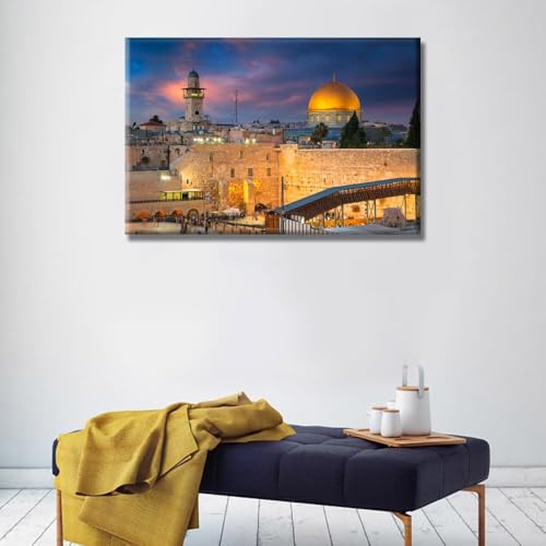 Jerusalem Wall Art Canvas - Dome of the Rock & Western Wall Sunset Scene, 16x24 Inch, Ready to Hang