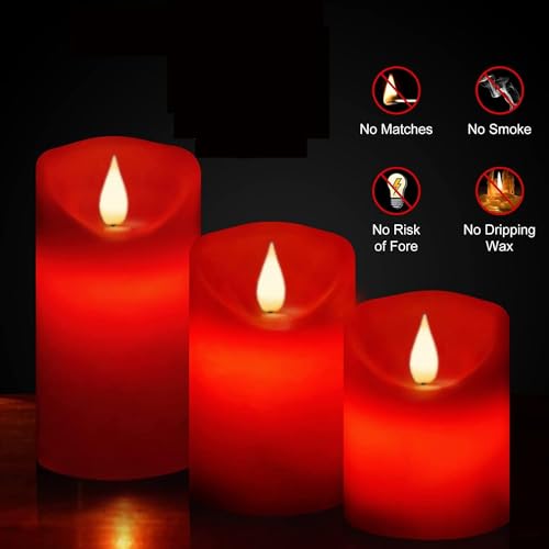 Real Wax Flameless Candles Set - 3 Red Pillar Candles with Remote & Timer