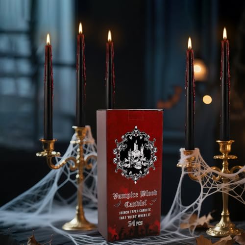 Black Bleeding Taper Candles Set 24 - 10 Inch Gothic Halloween Decorations - Spooky Blood Drip Candles