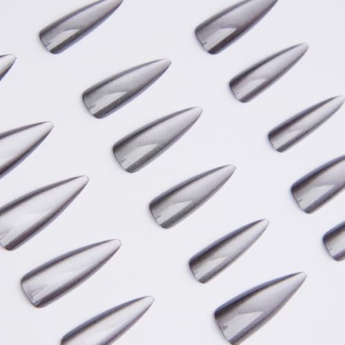 Long Stiletto Black Cat Eye Press On Nails with Glitter Design - Style-20, 24 Pcs